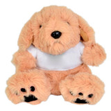 A plush toy dog in light brown with a white shirt and black paw details, featuring a soft, fluffy texture.
