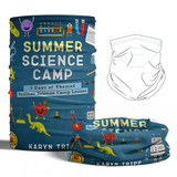 A tubular bandana for kids featuring a colourful science camp theme with illustrations of dinosaurs and scientific elements.
