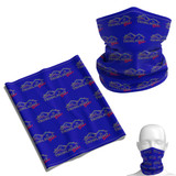 A blue Coolmax bandana featuring a logo, displayed in a flat and worn position.