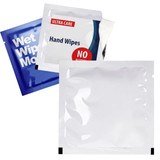 Two single wet wipe packets are displayed, one blue and one white, both featuring a logo and health-related branding.