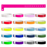 A collection of 16mm vinyl wristbands in various colours, including pink, white, purple, red, and blue, with a branding logo. A collection of 16mm vinyl wristbands in various colours, including pink, white, purple, red, and blue, with a branding logo.