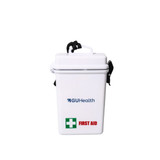 A waterproof white first aid kit with a handle, featuring a logo and a green cross symbol.