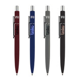 A collection of four metal pens in burgundy, blue, grey, and black, each featuring a logo.