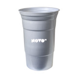 A drink cup made of recycled aluminum, featuring a silver finish and a logo.