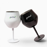Two wine glasses, one white and one black, featuring a logo, with a detachable stem and bowl design.