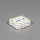 A pair of white USB Type C earphones in a transparent square case, featuring a logo.