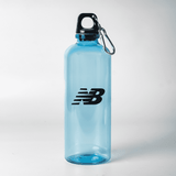 A drink bottle in blue plastic with a carabiner and a logo featured prominently.