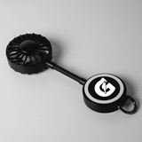 A black 900mAh Type C rechargeable fan with a circular base featuring a logo. Designed for convenient use.