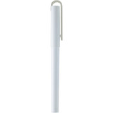 A white gel rollerball pen with a clip, featuring a smooth, sleek design. It has a logo on the body.
