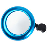 A blue bicycle bell with a shiny metallic finish and a black lever for ringing. It features a branding logo.