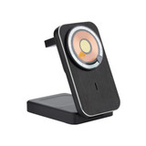 A wireless charger with a sleek black design, featuring a circular charging pad and a vertical stand.