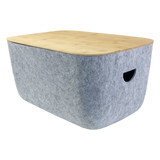 Ava Tub in grey felt with a light wooden top, featuring a cut-out handle for easy access. Ideal for home storage.