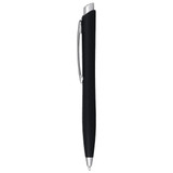 A black ballpoint pen with a sleek design and silver accents, featuring a clip and click-action mechanism.
