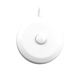 A white 1.5m tape measure with a round casing and a push-button mechanism. It features a logo on the casing.