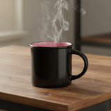 A black coffee mug with a pink interior, emitting steam, placed on a wooden surface.