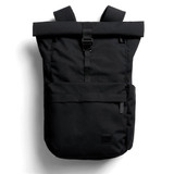A black rolltop backpack featuring adjustable straps and multiple pockets, including a front zippered pocket.