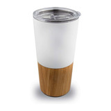 A drink bottle featuring a white upper with a bamboo lower section and a clear lid. It includes a logo.