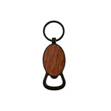 A drink bottle opener featuring a round wooden handle with a black metal base and keyring attachment.