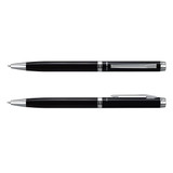A black pen and pencil set featuring a sleek design with silver accents and a logo.