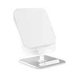 A white wireless charger and stand with a sleek design, featuring a logo on the front and a clear supporting arm.