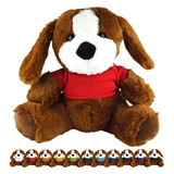 A brown plush dog with floppy ears, wearing a red shirt, seated among smaller plush dogs in various colours.