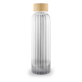 A drink bottle with a ribbed glass design and a bamboo lid, featuring a clear and elegant appearance.