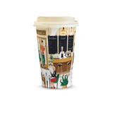 A compostable paper coffee cup in cream, featuring illustrated scenes of a café and people enjoying their time.