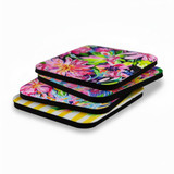 A set of vibrant 5mm neoprene coasters featuring floral designs and a striped pattern, with black edges.