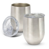 A drink bottle set featuring two stainless steel vacuum cups with a brushed silver finish and clear lids.