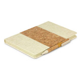 A beige notebook with a cork cover and matching pen set, featuring a simple design and a logo.