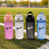 A drink bottle collection featuring pink, white, black, and blue designs with a logo on each bottle.