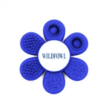 A blue flower-shaped promotional product with multiple textured sections and a central area featuring a logo.