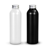A drink bottle in black and white, featuring a sleek aluminium design with silver lids.