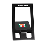 A black foldable phone stand with a logo, featuring a rectangular design and a flat base for support.