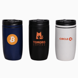 A drink bottle set featuring a navy blue, black, and white vacuum cup, each with a logo.