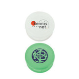 A white and green pill box, featuring logos on each lid. The green box is translucent and has a circular design.