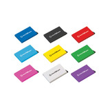 A collection of RFID card holders in various colours including black, red, blue, pink, white, and purple, featuring a logo.