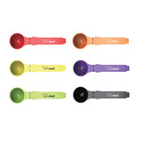 A set of six measuring spoons in red, orange, yellow, green, purple, and black, featuring a logo on the handle.