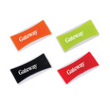 A set of four webcam covers in orange, green, black, and red, each featuring a logo.