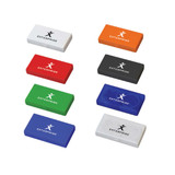 A collection of rectangular erasers in white, red, green, blue, black, and orange, featuring a logo on each.