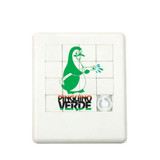 A white puzzle featuring green graphic of a penguin holding a light, with a playful design.