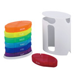 A multi-coloured 7-day pill box with a white storage container, featuring compartments for each day of the week.