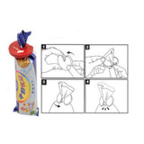 A bag clip in red and blue, with instructions for use depicted alongside the product.