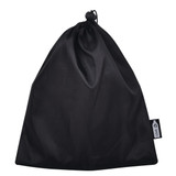 A black drawstring bag made of smooth material, featuring a toggle closure and a small tag.