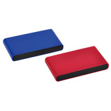 A blue and a red tool set, featuring a sleek design with a push mechanism. Each has a small logo on the surface.