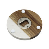 A drink bottle opener coaster in a round shape, featuring a mix of wood and white marble with a metallic bottle opener.