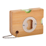 A drink bottle opener made from bamboo featuring a built-in level. It includes a silver opening mechanism and a metal chain.