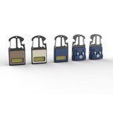 A tool set featuring five multi-tools in brown, cream, dark blue, light blue, and navy, with branding on each.