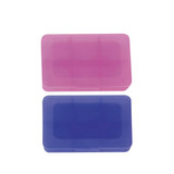 A pink and a blue pill box stacked together, featuring separate compartments for medication. Each box has a transparent design.