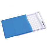 A chopping board with a white base and a blue flexible cutting surface, featuring a textured underside and a handle.
